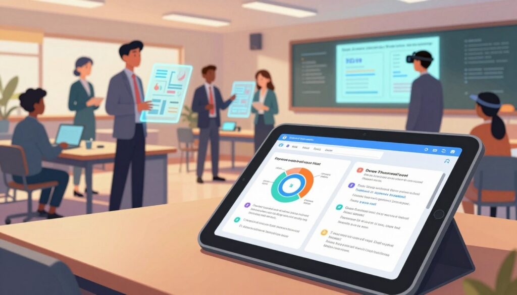 A futuristic classroom setting showcasing advanced educational tools and technologies. In the foreground, a sleek digital tablet displays interactive study packets filled with vibrant charts and practice questions. In the middle ground, a diverse group of professionals in business attire engage with holographic interfaces, analyzing data and collaborating. The background features a high-tech learning environment with large screens displaying analytics and virtual reality headsets, creating an immersive experience. Soft, ambient lighting casts a warm glow, emphasizing a sense of innovation and excitement. The composition captures a forward-thinking atmosphere in education and testing technology, inviting viewers to imagine the future of learning.
