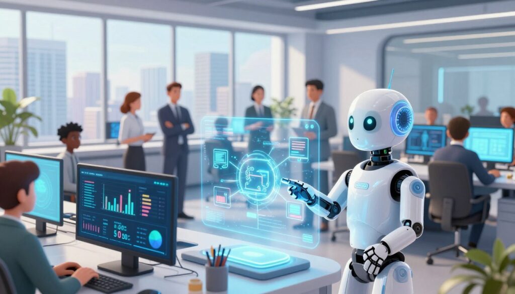 A futuristic office environment showcasing the essence of automation in marketing. In the foreground, a sleek, modern digital dashboard displays real-time analytics and marketing metrics, with soft glowing lights highlighting key performance indicators. In the middle ground, a diverse group of professionals in business attire collaborate around a holographic display of interconnected devices, symbolizing seamless automation processes. The background features large windows overlooking a bustling cityscape, casting natural light into the space, creating a bright and aspirational atmosphere. Use a wide-angle lens to emphasize the innovative workspace, with a focus on creating a sense of efficiency and teamwork. The overall mood should be dynamic and inspiring, reflecting the essential role of automation in modern marketing.