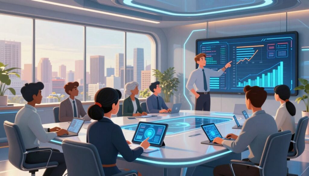 A futuristic office environment where a diverse team of professionals is engaging in a collaborative meeting around a sleek, high-tech table. In the foreground, a South Asian woman in a professional suit interacts with a glowing tablet displaying data visualizations, while a Caucasian man in business attire points at a large screen showcasing AI-driven graphs and growth metrics. The middle ground features a modern conference room with glass walls, overlooking a vibrant city skyline bathed in warm afternoon light. The atmosphere is bustling yet focused, emphasizing innovation and strategy. The scene is captured with a wide-angle lens, heightening the sense of space, and illuminated with soft, ambient lighting to convey a professional yet inviting mood.