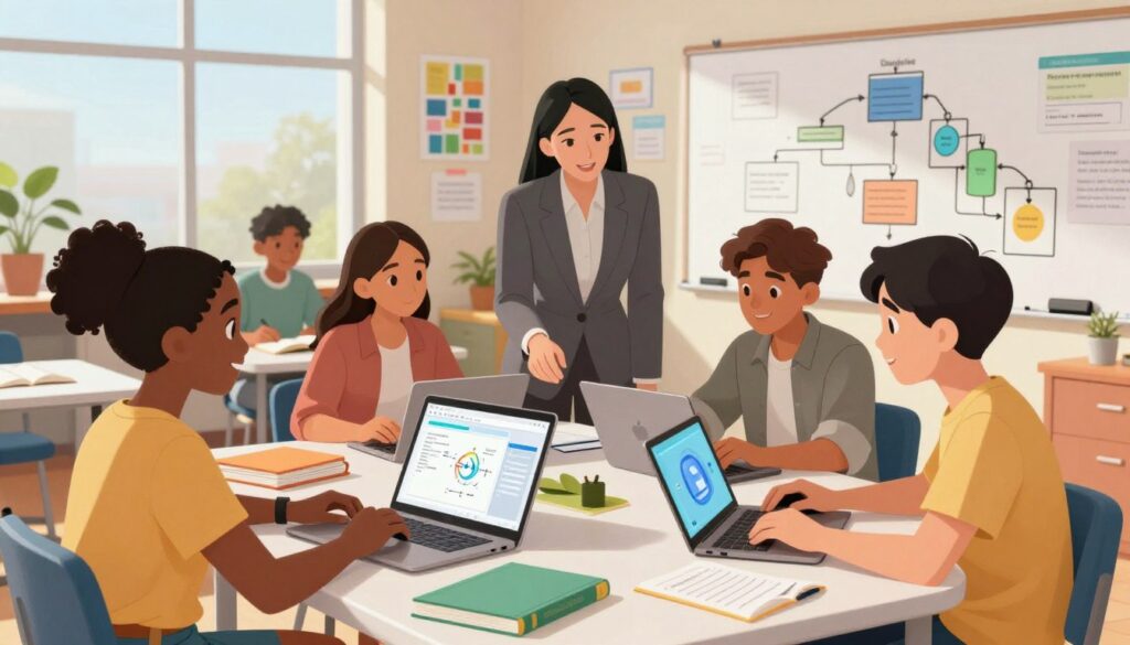 A group of diverse FlowScholar students engaged in collaborative support, sitting around a modern classroom table with laptops and digital devices. In the foreground, two students—one Black girl and one Asian boy—are discussing animatedly, surrounded by colorful textbooks and notes. In the middle ground, a teacher, dressed in professional business attire, guides another group of students, including a Hispanic girl and a Caucasian boy, who are exploring an AI education software on their tablets. The background features a bright, welcoming classroom filled with educational posters and a large whiteboard displaying flowchart diagrams. Soft natural lighting streams through large windows, creating a warm, inspiring atmosphere, ideal for learning. The scene captures the essence of teamwork and innovative learning at FlowScholar.com.