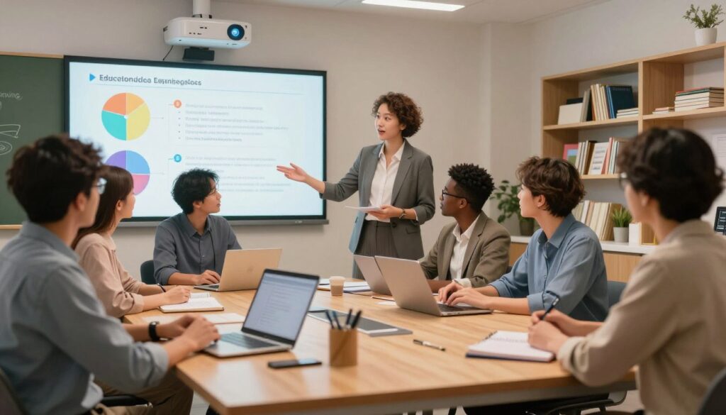 A harmonious office space showcasing a group of diverse, professional educators engaged in a collaborative session, surrounded by digital screens displaying colorful charts and frameworks representing educational standards alignment. In the foreground, a light wooden table is covered with notebooks, laptops, and pens, while a projector beams visuals of learning objectives on a wall. In the middle, teachers animatedly discuss lesson plans, dressed in smart casual attire, with warm ambient lighting creating an inviting atmosphere. In the background, shelves lined with educational resources and tools enhance the feeling of an organized workspace. The composition should evoke a sense of teamwork, innovation, and focused learning, captured with a soft-focus lens that emphasizes the dynamic interaction among the educators.