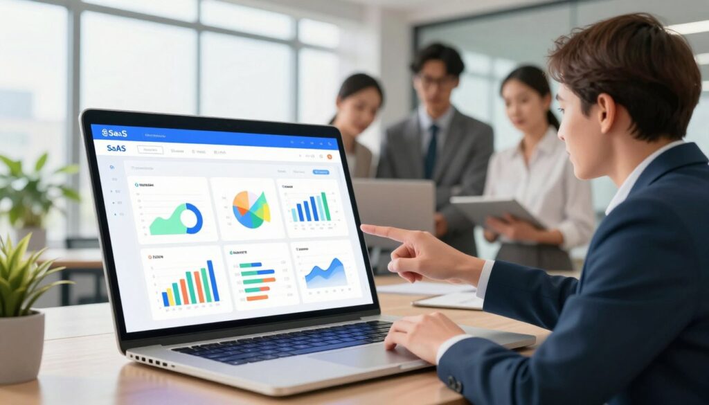 A modern SaaS product interface showcased on a sleek laptop screen, prominently displayed in the foreground. The screen glows with vibrant, colorful graphs and diagrams illustrating clear data insights, symbolizing effective communication. In the middle ground, a diverse team of professionals in business attire collaborates, pointing to the screen, with expressions of engagement and understanding. The background features a contemporary office setting with large windows pouring in natural light, creating a bright and inviting atmosphere. Soft-focus elements, like indoor plants and minimalist decor, enhance the work environment, promoting a sense of productivity and clarity. The overall mood is dynamic and focused, emphasizing the power of visuals in simplifying complex information.