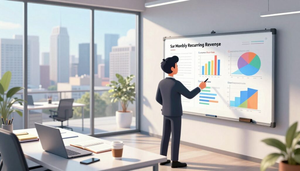 A modern and sleek office space with a large glass window showcasing a bright city skyline in the background. In the foreground, a professional business person, dressed in smart attire, stands in front of a digital whiteboard filled with colorful graphs and charts illustrating key SaaS metrics such as Monthly Recurring Revenue, Customer Churn Rate, and User Engagement. The scene is well-lit with natural sunlight pouring in, creating an energetic atmosphere. The middle ground features a stylish desk cluttered with notebooks, a laptop, and a cup of coffee. The overall mood is focused and inspiring, emphasizing the importance of using metrics to drive product-market success. Capture this scene from a slightly elevated angle to highlight both the individual and the data displayed.