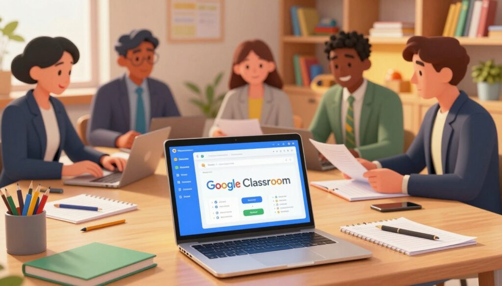 A modern and vibrant Google Classroom interface displayed on a sleek laptop in focus at the foreground, with a tidy desk setting featuring educational materials and stationery. In the middle ground, a diverse group of professional tutors, dressed in smart business attire, collaborate over worksheets and digital devices, engaging in a dynamic discussion. In the background, softly lit shelves filled with books and educational tools create a motivating learning environment. The scene is illuminated by warm, ambient lighting that conveys a sense of innovation and productivity, captured from a slightly elevated angle that provides depth to the workspace. The overall mood is inspiring and focused, reflecting the integration of technology into personalized learning sessions. A modern and vibrant Google Classroom interface displayed on a sleek laptop in focus at the foreground, with a tidy desk setting featuring educational materials and stationery. In the middle ground, a diverse group of professional tutors, dressed in smart business attire, collaborate over worksheets and digital devices, engaging in a dynamic discussion. In the background, softly lit shelves filled with books and educational tools create a motivating learning environment. The scene is illuminated by warm, ambient lighting that conveys a sense of innovation and productivity, captured from a slightly elevated angle that provides depth to the workspace. The overall mood is inspiring and focused, reflecting the integration of technology into personalized learning sessions.
