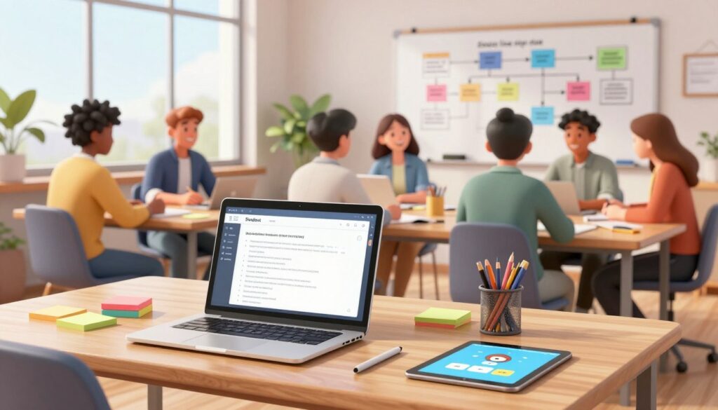 A modern and visually appealing workspace showcasing the concept of workflow enhancement. In the foreground, there's a sleek wooden desk with a laptop open, showing a digital study note application. Beside it, neatly organized stationery such as colorful sticky notes and a tablet with an educational app displayed. In the middle, a cheerful, diverse group of students in professional casual attire collaborates around a large table, discussing study strategies and sharing ideas. In the background, a wall-mounted whiteboard filled with diagrams and flowcharts illustrates workflows, while large windows let in soft, natural light, creating a bright and inviting atmosphere. The scene conveys focus, collaboration, and productivity, perfect for enhancing one's workflow in a study context. A modern and visually appealing workspace showcasing the concept of workflow enhancement. In the foreground, there's a sleek wooden desk with a laptop open, showing a digital study note application. Beside it, neatly organized stationery such as colorful sticky notes and a tablet with an educational app displayed. In the middle, a cheerful, diverse group of students in professional casual attire collaborates around a large table, discussing study strategies and sharing ideas. In the background, a wall-mounted whiteboard filled with diagrams and flowcharts illustrates workflows, while large windows let in soft, natural light, creating a bright and inviting atmosphere. The scene conveys focus, collaboration, and productivity, perfect for enhancing one's workflow in a study context.