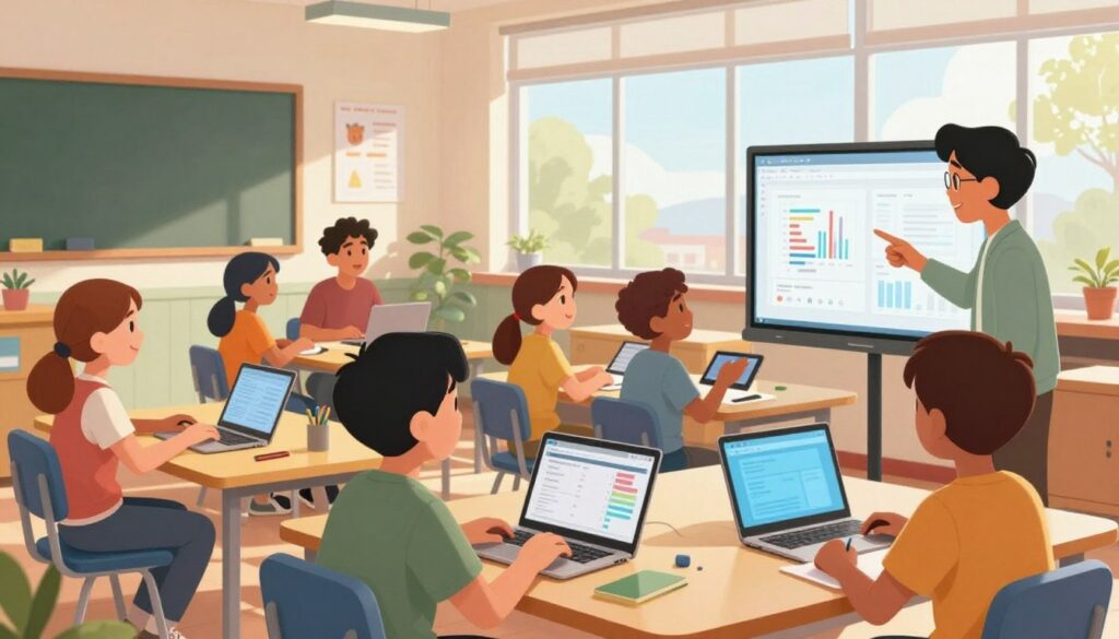A modern classroom scene featuring a diverse group of students engaged in a formative assessment activity, seated at colorful desks with laptops and tablets, showcasing their work. In the foreground, a student is receiving immediate feedback from a teacher, who is pointing at a digital screen displaying analytics and performance graphs. In the middle, other students actively discuss in small groups, highlighting collaboration and engagement. The background reveals a bright classroom with large windows, sunlight streaming in, and educational posters on the walls. Use natural lighting to create a warm, encouraging atmosphere that emphasizes learning and interaction. The scene should capture the excitement of instant feedback and the use of technology in education, all conveyed through a clear, focused composition.