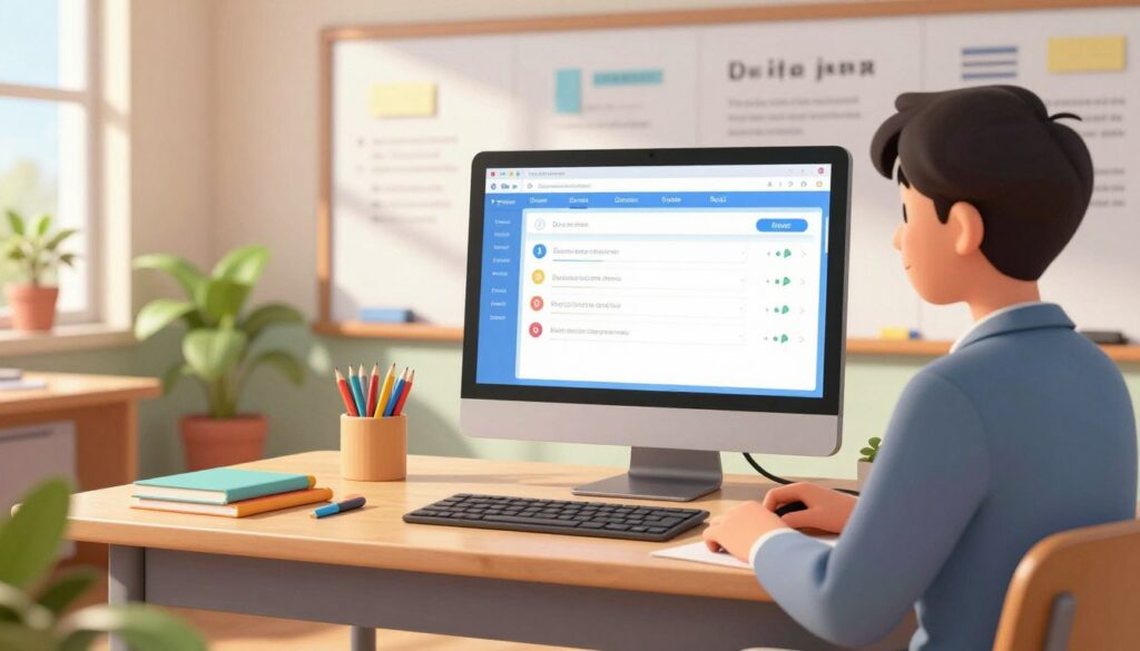 A modern classroom scene showcasing a computer screen displaying an online quiz interface with automated grading features. In the foreground, a well-dressed teacher observes the screen intently, with a look of satisfaction. The middle ground includes a stylish desk with various colorful school supplies and a potted plant, creating an inviting atmosphere. The background features a whiteboard filled with educational notes, emphasizing a learning environment. Natural sunlight streams in through a window, casting soft shadows and creating a warm, motivating ambiance. The overall mood is focused and efficient, capturing the essence of streamlined classroom workflows with technology. The image should be vibrant yet professional, enhancing the theme of automated grading in education.