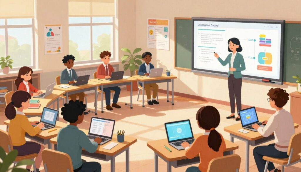 A modern classroom setting designed for effective learning, featuring a variety of desks arranged in a semi-circle. Students of diverse backgrounds, wearing professional business attire and focused on their laptops, engage with digital materials. In the foreground, a large interactive whiteboard displays colorful learning objectives and diagrams, while a teacher, dressed in smart casual clothing, assists a student. The walls are adorned with educational posters that promote collaboration and growth. Soft, natural light streams through large windows, casting gentle shadows that create a warm atmosphere. The angle captures the classroom from a slightly elevated perspective, emphasizing the dynamic interaction between students and the learning environment. The overall mood is one of inspiration and productivity, highlighting the essence of successful educational planning.