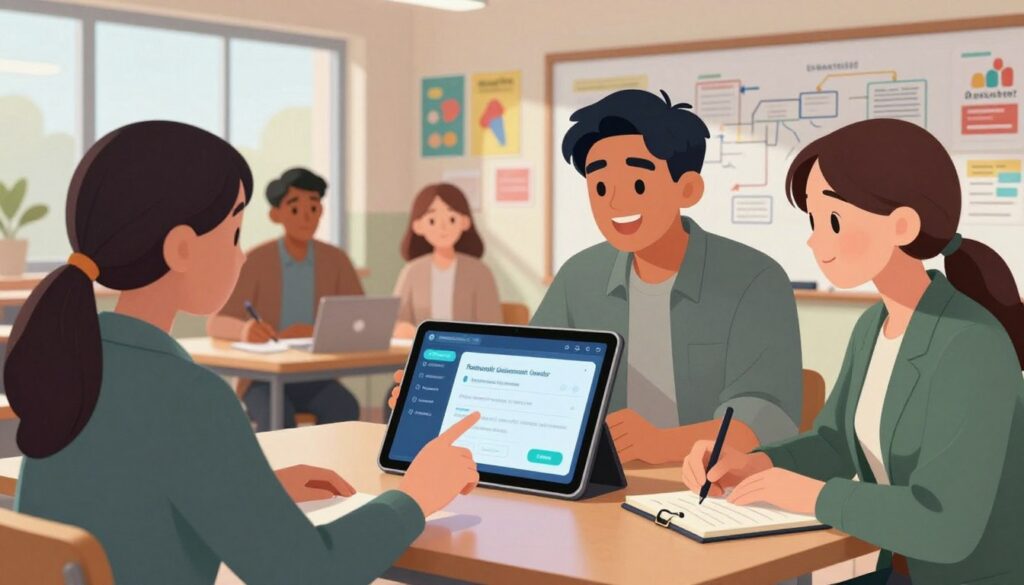 A modern classroom setting featuring a diverse group of teachers collaborating around a sleek digital tablet displaying a sophisticated AI homework assignment generator interface. In the foreground, a male teacher in smart casual attire points at the tablet, while a female teacher in professional business attire takes notes on a notepad. In the middle ground, a wall covered with colorful educational posters and a whiteboard filled with brainstorming ideas enhances the scholarly atmosphere. In the background, large windows let in natural light, creating a bright and inviting environment. The overall mood is one of excitement and innovation, illustrating the transformative role of AI in education. The scene should evoke a sense of productivity and teamwork, capturing how technology aids in efficient assignment creation. A modern classroom setting featuring a diverse group of teachers collaborating around a sleek digital tablet displaying a sophisticated AI homework assignment generator interface. In the foreground, a male teacher in smart casual attire points at the tablet, while a female teacher in professional business attire takes notes on a notepad. In the middle ground, a wall covered with colorful educational posters and a whiteboard filled with brainstorming ideas enhances the scholarly atmosphere. In the background, large windows let in natural light, creating a bright and inviting environment. The overall mood is one of excitement and innovation, illustrating the transformative role of AI in education. The scene should evoke a sense of productivity and teamwork, capturing how technology aids in efficient assignment creation.