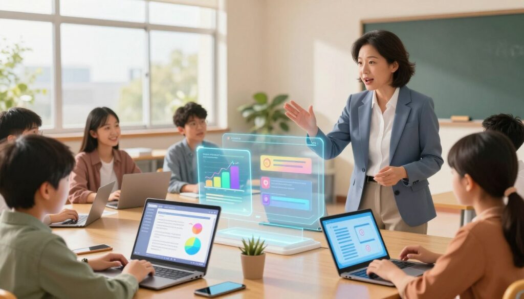 A modern classroom setting filled with energetic activity, showcasing teachers and students engaging with AI-powered tools on their laptops and tablets. In the foreground, a mid-aged educator, dressed in smart casual attire, enthusiastically discusses lesson planning strategies with a group of attentive students. In the middle, holographic interfaces displaying vibrant graphs, lesson templates, and discussion prompts hover above their devices, emphasizing the integration of technology. The background features large windows that allow natural light to flood the room, creating a warm and inviting atmosphere. The mood is collaborative and dynamic, with a sense of inspiration and innovation in the air, symbolizing the effective use of AI in enhancing classroom discussions.