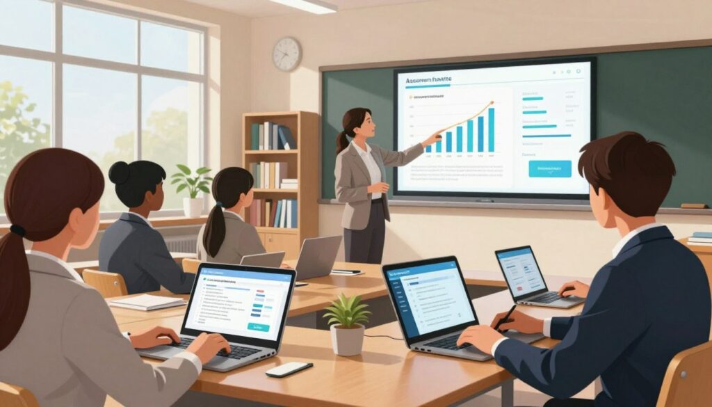 A modern classroom setting showcasing a digital assessment platform in use. In the foreground, a diverse group of students, dressed in professional business attire, are engaged with tablets and laptops displaying interactive assessment tools. In the middle ground, an instructor guides the students attentively, pointing towards a large digital screen that illustrates educational graphs and statistics. The classroom is well-lit with natural light streaming through large windows, providing a bright and inviting atmosphere. The background features shelves filled with books and educational resources, emphasizing a learning environment. Use a slight low-angle perspective to convey a sense of engagement and innovation. The mood is focused and collaborative, reflecting the impact of digital platforms on classroom assessment.