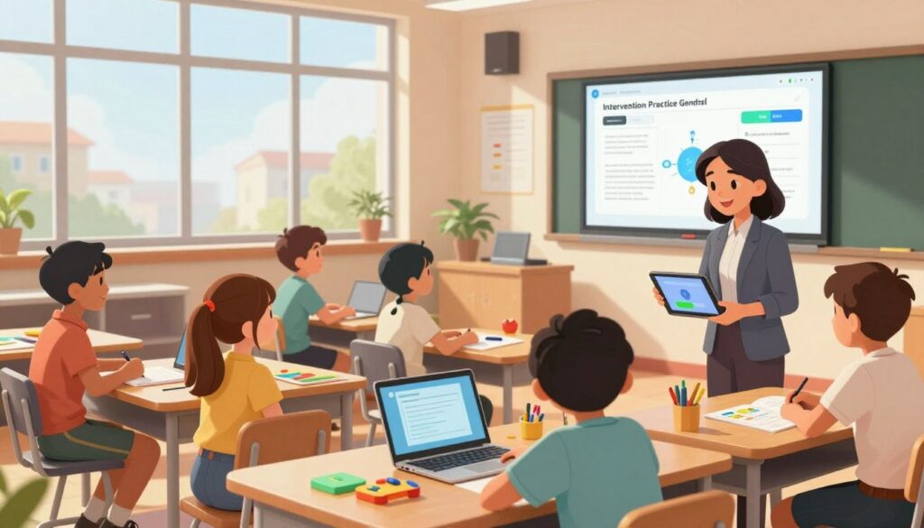 A modern classroom setting, with a diverse group of students engaged in various learning activities, showcasing a digital intervention practice generator on a large screen at the front. In the foreground, a teacher in professional attire guides a small group of students collaborating around a tablet, smiling and focused. In the middle, other students work independently at desks, some filled with colorful worksheets and educational tools, while others use laptops for interactive practice. The background features large windows letting in soft, natural light, enhancing the productive atmosphere. The overall mood is inspiring and supportive, illustrating the transformation of the classroom environment. The composition should use a wide-angle lens to capture depth, with a warm color palette emphasizing a welcoming and encouraging space for learning. A modern classroom setting, with a diverse group of students engaged in various learning activities, showcasing a digital intervention practice generator on a large screen at the front. In the foreground, a teacher in professional attire guides a small group of students collaborating around a tablet, smiling and focused. In the middle, other students work independently at desks, some filled with colorful worksheets and educational tools, while others use laptops for interactive practice. The background features large windows letting in soft, natural light, enhancing the productive atmosphere. The overall mood is inspiring and supportive, illustrating the transformation of the classroom environment. The composition should use a wide-angle lens to capture depth, with a warm color palette emphasizing a welcoming and encouraging space for learning.