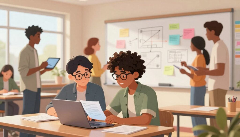 A modern classroom setting with diverse students engaged in real-time collaboration. In the foreground, two students—one with glasses and one with curly hair—are focused on a laptop, sharing a digital document. Both wear professional casual attire. In the middle, a large whiteboard displays colorful notes and diagrams collaboratively created by the group. A third student is brainstorming ideas, holding a tablet. In the background, large windows allow soft, natural light to pour in, creating a bright and inspiring atmosphere. The scene captures enthusiasm and teamwork, with warm colors dominating to evoke a positive and productive mood. The image is shot from a slightly elevated angle to provide a comprehensive view of the collaborative efforts in action. A modern classroom setting with diverse students engaged in real-time collaboration. In the foreground, two students—one with glasses and one with curly hair—are focused on a laptop, sharing a digital document. Both wear professional casual attire. In the middle, a large whiteboard displays colorful notes and diagrams collaboratively created by the group. A third student is brainstorming ideas, holding a tablet. In the background, large windows allow soft, natural light to pour in, creating a bright and inspiring atmosphere. The scene captures enthusiasm and teamwork, with warm colors dominating to evoke a positive and productive mood. The image is shot from a slightly elevated angle to provide a comprehensive view of the collaborative efforts in action.