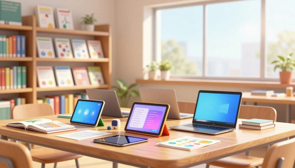 A modern digital resource library set in a bright, organized space. In the foreground, a wooden table displays an array of colorful digital devices like tablets and laptops, surrounded by printed materials. In the middle, shelves lined with neatly organized books and informational brochures can be seen, showcasing educational resources for teachers. The background features a large window with soft natural light streaming in, creating a warm and inviting atmosphere. Soft shadows enhance the depth of the space, while a subtle lens flare adds a touch of warmth. The overall mood is focused and supportive, emphasizing a professional environment where teachers can find essential materials for parent conferences, reinforcing collaboration and preparation. A modern digital resource library set in a bright, organized space. In the foreground, a wooden table displays an array of colorful digital devices like tablets and laptops, surrounded by printed materials. In the middle, shelves lined with neatly organized books and informational brochures can be seen, showcasing educational resources for teachers. The background features a large window with soft natural light streaming in, creating a warm and inviting atmosphere. Soft shadows enhance the depth of the space, while a subtle lens flare adds a touch of warmth. The overall mood is focused and supportive, emphasizing a professional environment where teachers can find essential materials for parent conferences, reinforcing collaboration and preparation.