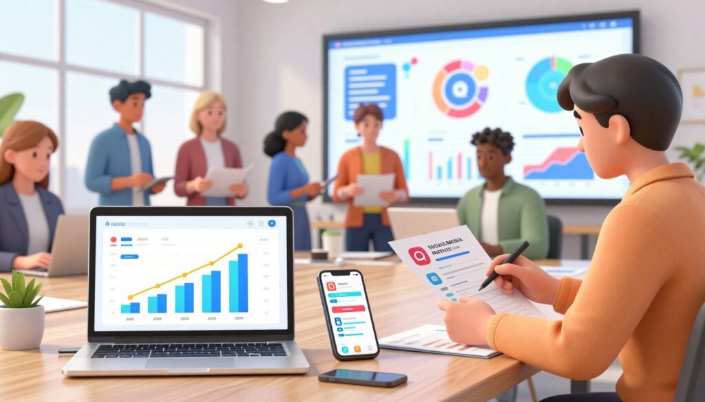 A modern digital workspace illustrating social media metrics. In the foreground, a sleek laptop displays vibrant graphs and charts showcasing growth in engagement, likes, and shares. Beside it, a smartphone highlights social media notifications. In the middle ground, a diverse group of professionals in smart casual attire discuss strategies, analyzing data from printed reports. The background features a large screen projecting bright, eye-catching data visualizations with icons representing various social media platforms. Soft, natural lighting filters through large windows, giving a sense of productivity and collaboration. The atmosphere is focused and innovative, evoking a spirit of teamwork and strategic thinking in the realm of social media.