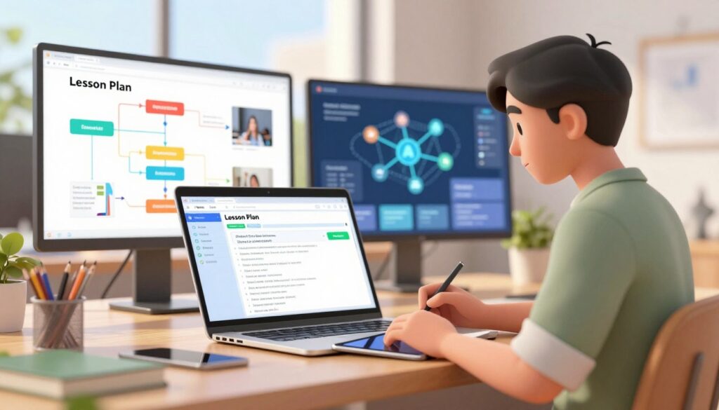 A modern, digital workspace showcasing a lesson plan generator on a sleek laptop. In the foreground, a professional educator in smart casual attire is focused on the screen, taking notes on a tablet. The middle ground features vibrant screens displaying flowcharts, educational resources, and AI elements like neural networks, symbolizing efficiency in lesson planning. In the background, warm light filters through a large window, creating a bright and inviting atmosphere. The overall mood is productive and innovative, capturing the essence of maximizing efficiency in education with AI-powered tools. The angle should be slightly angled down, providing a clear view of the screen and the educator's engaged expression.