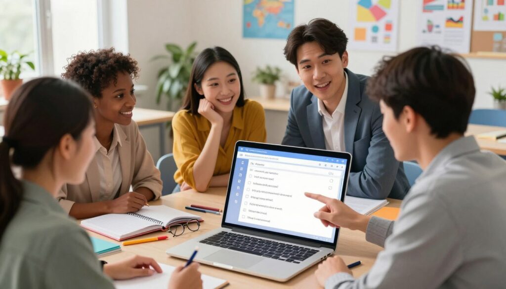 A modern, digital workspace showcasing a quiz generator for teachers. In the foreground, a sleek laptop displays an interactive quiz interface with multiple choice and short answer questions. Surrounding the laptop, colorful stationery like notebooks and pens add a lively touch. In the middle, a diverse group of three educators, dressed in professional business attire, collaborate enthusiastically over the laptop, with one pointing at the screen. In the background, a bright, airy classroom filled with educational posters and potted plants creates an inviting atmosphere. Soft, natural lighting highlights the faces of the teachers, conveying a mood of creativity and collaboration. The scene is captured from a slight overhead angle, emphasizing the unity and engagement among the group.
