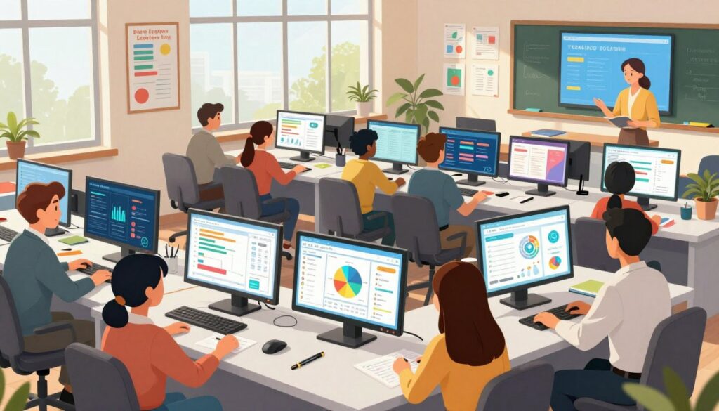 A modern, dynamic classroom setting focused on personalized learning strategies using data analytics. In the foreground, a diverse group of educators, dressed in professional attire, engage with interactive technology displays showcasing colorful graphs and analytics dashboards. The middle ground features students at individual workstations, each surrounded by personalized study materials tailored to their learning styles. Bright, natural light streams in from large windows, enhancing the atmosphere of collaboration and innovation. The background is filled with educational posters and digital screens, creating an inviting environment that promotes creativity and exploration. The overall mood is inspiring and forward-thinking, reflecting a harmonious blend of technology and education. The image is shot from a slight upward angle to capture the vibrant activity and engagement within the space.