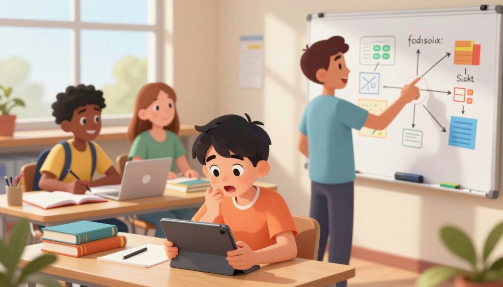 A modern, dynamic learning environment showcasing a diverse group of three students engaged in a lively study session. The foreground features one student using a tablet, actively receiving real-time voice explanations, their expression engaged and inquisitive. The second student takes notes, while the third gestures towards a whiteboard filled with colorful diagrams and simplified concepts, symbolizing the breaking down of complex topics. In the middle ground, additional learning materials like books and laptops are scattered, promoting a collaborative atmosphere. The background should depict a well-lit study space with large windows allowing natural sunlight to flood in, creating a warm and inviting mood. Use a slight angle from above to capture the interaction among the students. The overall ambiance is inspiring, filled with energy and focused determination.