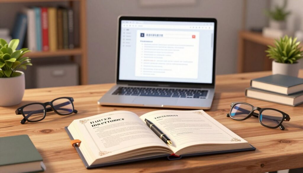A modern, elegantly designed table of contents open on a stylish wooden desk. The foreground features an intricately decorated document with chapter titles clearly visible, surrounded by a sleek fountain pen and a pair of reading glasses. In the middle, a bright laptop displays a user-friendly digital interface for managing content, showcasing a visually appealing eBook layout. The background includes a cozy, softly lit office filled with bookshelves stacked with colorful bindings, and a potted plant adding a touch of green. Warm, ambient lighting casts a welcoming glow, creating an atmosphere of productivity and creativity. The image should evoke a feeling of organization and efficiency without any text or distractions.