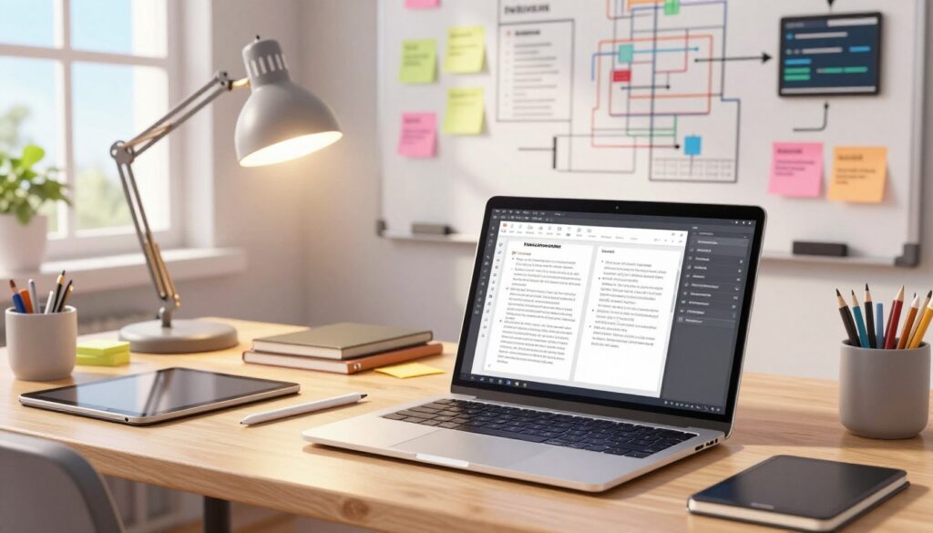 A modern, high-tech workspace illustrating the ebook creation workflow. In the foreground, a sleek laptop displays an open writing software with eBook draft visible on the screen, surrounded by digital tools like a stylus, tablets, and notebooks. In the middle, a well-organized desk features colorful sticky notes and mind maps, conveying the brainstorming process, while a warm desk lamp emits bright, focused light. The background showcases a whiteboard filled with planning diagrams and charts related to digital publishing workflows. Natural sunlight streams through a window, creating a bright and inviting atmosphere. The scene is designed to evoke a sense of creativity, productivity, and clarity, perfectly capturing the essence of mastering digital publishing workflows.