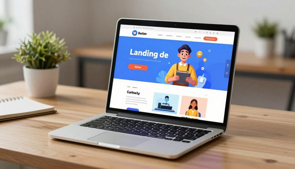 A modern landing page design displayed on a sleek laptop screen, placed on a minimalistic wooden desk. In the foreground, the laptop's screen showcases a clean, professional layout with an eye-catching hero image, clear call-to-action buttons, and well-organized sections. In the middle ground, soft ambient lighting highlights the page's vibrant colors, enhancing its visual appeal and clarity. The background features a blurred workspace with subtle decor elements like a potted plant and a notepad, conveying a creative yet professional atmosphere. The scene is captured at a slight angle, creating a dynamic perspective that invites viewers to explore the content. The overall mood is one of innovation and professionalism, emphasizing clarity in visual design for effective messaging.