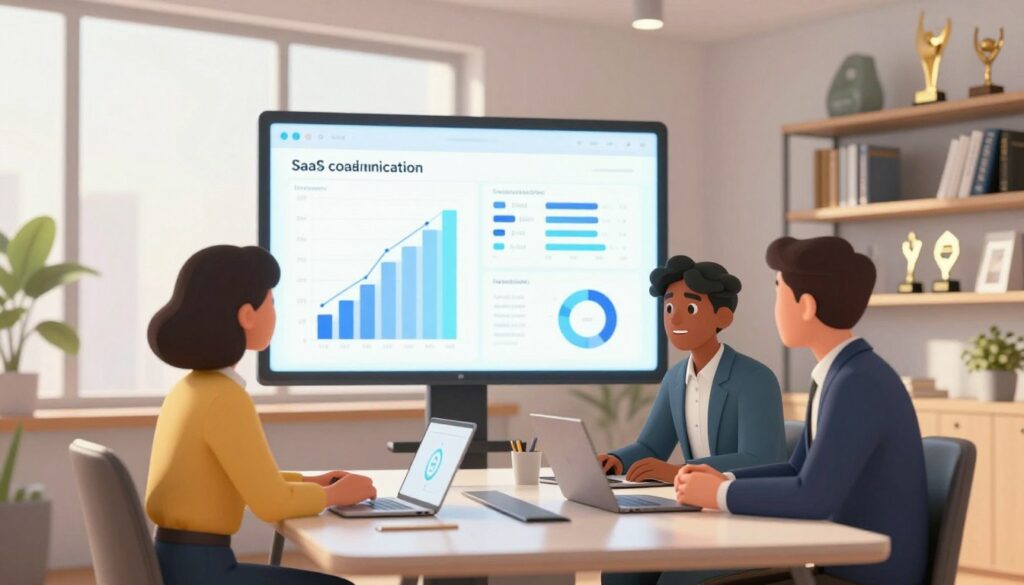 A modern office environment focused on improving SaaS communication. In the foreground, a diverse group of three business professionals—one woman and two men—are engaged in a discussion around a sleek conference table, all dressed in professional business attire. The middle ground features a large digital screen displaying analytical graphs and SaaS metrics illustrating strategic positioning. Soft, diffused lighting filters through large windows, creating a warm and inviting atmosphere. In the background, shelves lined with tech books and awards emphasize a culture of innovation. The scene conveys collaboration, clarity, and a forward-thinking mindset, emphasizing the importance of effective communication in SaaS.