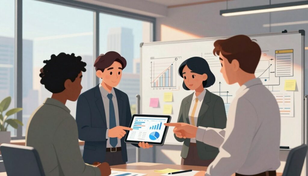 A modern office environment serves as the backdrop, with a large glass window showcasing a city skyline. In the foreground, a diverse team of three professionals is engaged in a collaborative discussion, animatedly pointing at a digital tablet displaying charts and data. A whiteboard filled with strategic diagrams and post-it notes is in the middle ground, emphasizing the iterative nature of strategy development. Warm, natural light filters through the window, casting soft shadows and creating a productive yet relaxed atmosphere. The scene conveys a sense of teamwork and innovation, with everyone dressed in smart business attire, reflecting a focus on long-term success and effective strategy iteration. The composition is shot from an eye-level angle to invite viewer engagement.