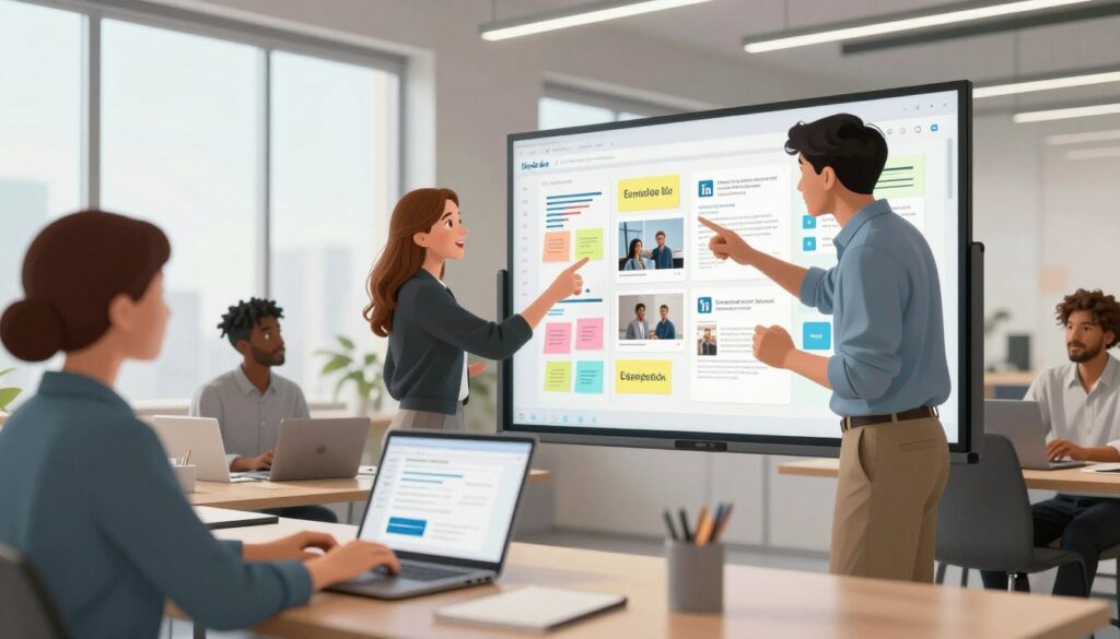 A modern office environment showcasing a diverse group of professionals brainstorming ideas for high-quality LinkedIn posts. In the foreground, a focused woman in professional attire is typing on a laptop, while a man beside her gestures enthusiastically, pointing at a digital display showing analytics and engaging content examples. In the middle ground, a whiteboard filled with colorful sticky notes and text outlines represents the creative process. The background features large windows letting in soft, natural light that brightens the space, creating an inviting and collaborative atmosphere. The image captures a sense of productivity and innovation, emphasizing teamwork and the efficiency of creating content at scale. The overall mood is inspiring and dynamic, reflecting a forward-thinking approach to social media management.