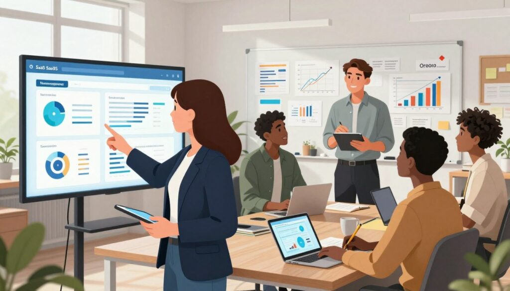 A modern office environment showcasing a diverse group of professionals collaborating over a digital platform on scaling messaging for a SaaS product. In the foreground, a young woman in a smart blazer points at a large screen displaying analytics and evolving messaging strategies. In the middle, a diverse team of professionals of varying ethnicities engages in discussion, taking notes on tablets and laptops. The background features a sleek whiteboard filled with brainstorming ideas, diagrams, and charts depicting growth, surrounded by modern office furniture and plants. Soft, natural lighting illuminates the space, creating a bright and motivating atmosphere. The angle captures a dynamic interplay of teamwork and innovation, highlighting the evolution of SaaS messaging in a collaborative setting.