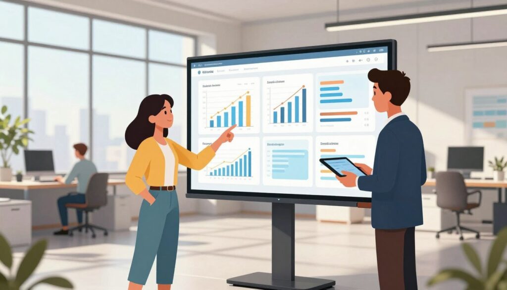 A modern office environment showcasing a diverse group of three professionals collaborating over a large touchscreen display filled with dynamic graphs, charts, and digital content blocks symbolizing scalable content creation. In the foreground, a confident woman in smart casual attire points to a data visualization, while a man in a business suit examines content ideas on a tablet. In the background, large windows let in natural light, casting soft shadows across the sleek furniture and minimalist decor. The atmosphere is vibrant and focused, emphasizing innovation and teamwork. Use a wide-angle perspective to capture the entire scene, with bright, balanced lighting to create an inviting and productive mood.