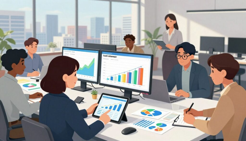 A modern office environment showcasing a diverse team collaborating around a large table, analyzing charts and digital dashboards that represent positioning strategies for SaaS growth. In the foreground, a woman in a smart business suit points at a tablet, engaging her colleagues, while a man with glasses takes notes, reflecting a proactive atmosphere. In the middle ground, various digital screens display vibrant graphs and key performance metrics related to SaaS positioning. The background features a large window with a city skyline, bright natural light flooding the room, creating an inspiring and motivating ambience. The scene is shot from a slightly elevated angle to emphasize teamwork and engagement, capturing the essence of operationalizing business strategies for long-term growth.