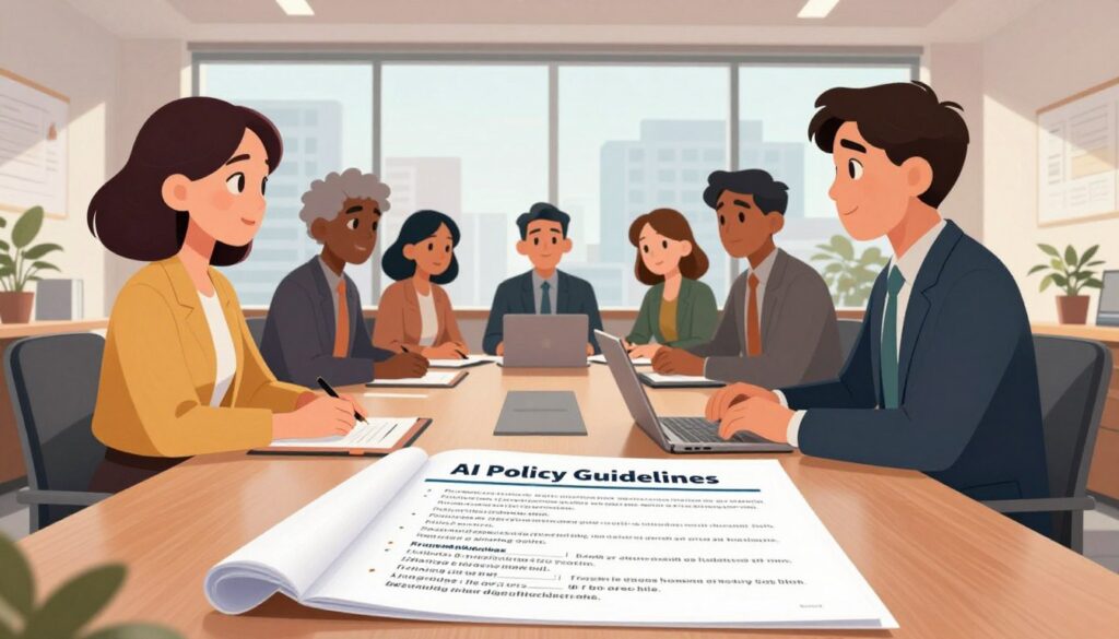A modern office environment with a large conference table at the forefront, featuring a printed document titled "AI Policy Guidelines" spread open, showcasing bullet points and structured layout. In the middle, a diverse group of professionals—two women and one man—discuss the guidelines, all dressed in professional business attire. Soft natural lighting illuminates the scene from large windows in the background, revealing a cityscape beyond. The atmosphere is collaborative and focused, conveying a sense of urgency and importance in setting clear guidelines for AI in education. Subtle, warm colors enhance the professional ambiance, emphasizing the significance of the meeting and the valuable discussions taking place.