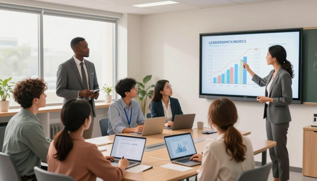 A modern office meeting room filled with diverse school leaders and educators actively engaging in discussions about leadership impact. In the foreground, a confident female leader in professional attire points to a visually detailed graph on a digital screen, illustrating positive trends in teacher performance and student outcomes. In the middle, a diverse group of individuals, including a Black male teacher, a Hispanic female administrator, and a Caucasian male school leader, gather around a table with laptops, making notes and sharing ideas. In the background, large windows let in soft natural light, creating a bright and inspiring atmosphere. The mood is collaborative and focused, emphasizing the importance of measuring leadership effectiveness. Use a wide-angle lens to capture the scene, ensuring clarity and depth of field.