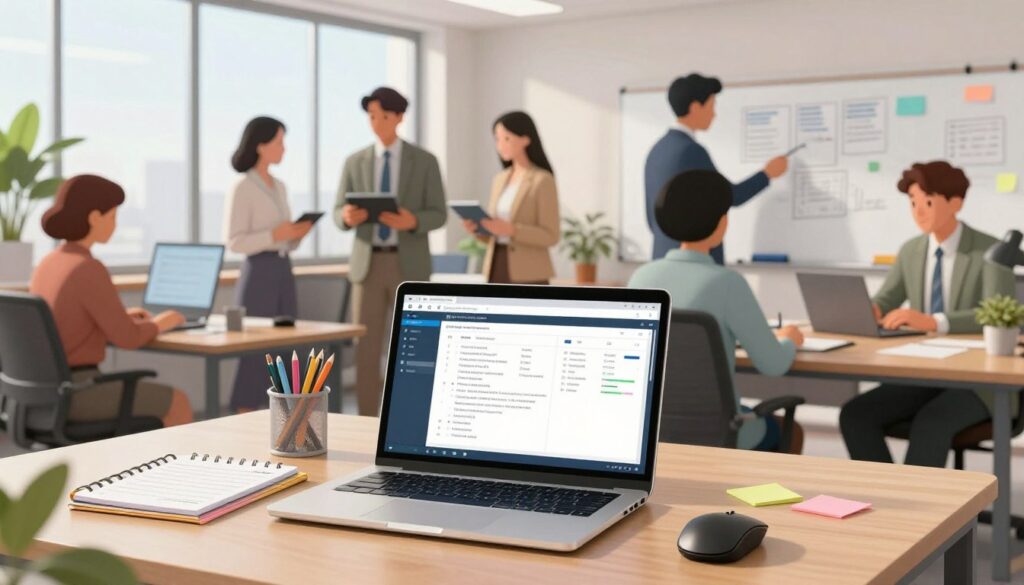 A modern office scene showcasing various tools that assist with administrative workloads. In the foreground, a sleek laptop runs a productivity software interface, surrounded by stationery items like a planner, sticky notes, and an ergonomic mouse. In the middle, a diverse group of professionals in business attire works collaboratively, using tablets and digital whiteboards to share information. In the background, a bright and airy office setting with large windows, natural light flooding in, and plants enhancing the atmosphere. The mood is focused yet energetic, illustrating a sense of teamwork and technological support. Use a wide-angle lens to capture the entire workspace, emphasizing the harmony between people and their tools for efficient administrative tasks. A modern office scene showcasing various tools that assist with administrative workloads. In the foreground, a sleek laptop runs a productivity software interface, surrounded by stationery items like a planner, sticky notes, and an ergonomic mouse. In the middle, a diverse group of professionals in business attire works collaboratively, using tablets and digital whiteboards to share information. In the background, a bright and airy office setting with large windows, natural light flooding in, and plants enhancing the atmosphere. The mood is focused yet energetic, illustrating a sense of teamwork and technological support. Use a wide-angle lens to capture the entire workspace, emphasizing the harmony between people and their tools for efficient administrative tasks.