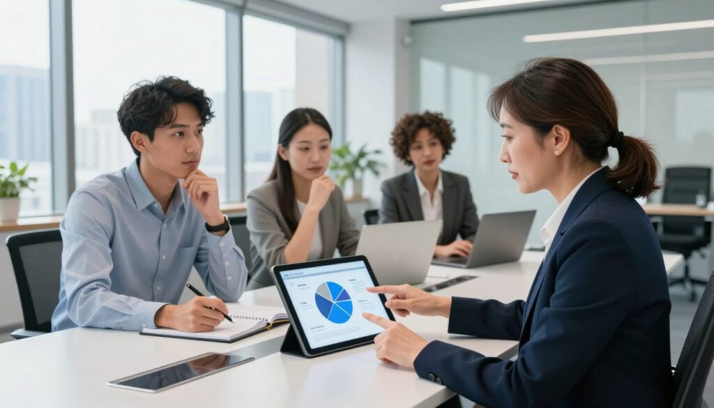 A modern office setting depicting a diverse group of four professionals gathered around a sleek conference table, engaged in a discussion. In the foreground, a middle-aged woman in a smart blazer is pointing at a digital tablet displaying a pie chart, representing the ideal customer profile. To her left, a young man in a button-up shirt nods thoughtfully, while a woman in a business dress takes notes. In the background, a large window bathing the scene in natural light with a cityscape view, enhancing the atmosphere of collaboration and innovation. The overall mood is focused and dynamic, emphasizing teamwork and strategic thinking in a SaaS context. Use a slightly elevated angle to capture the interaction and the contemporary workspace.