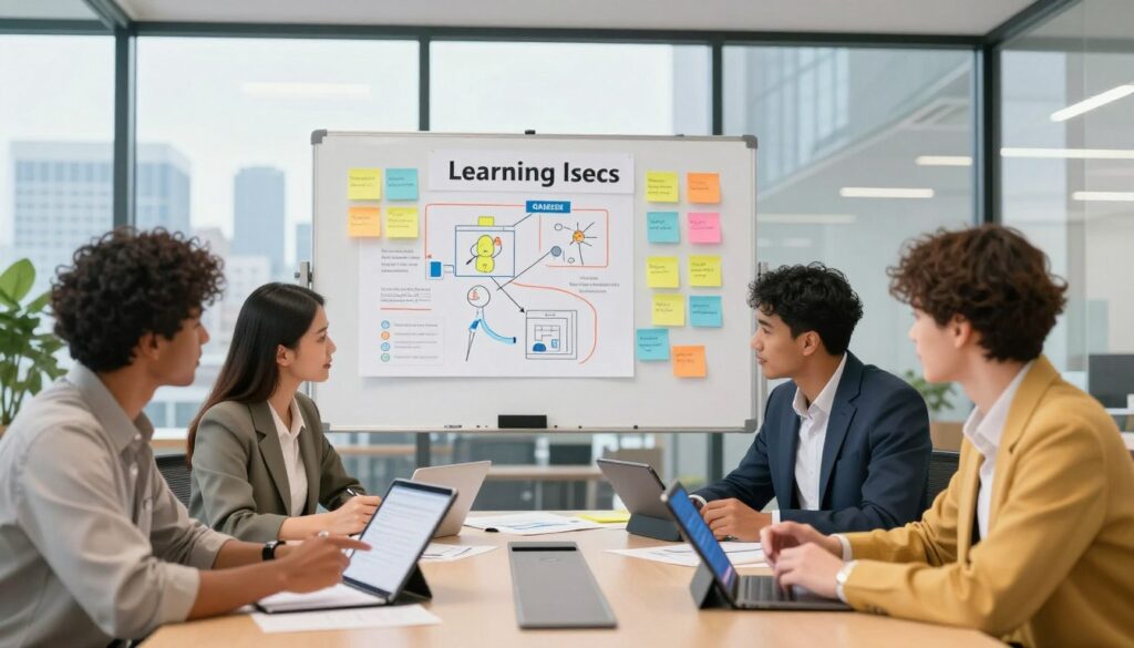 A modern office setting depicting a diverse team of professionals engaged in collaborative planning around a large conference table. In the foreground, a diverse group of four individuals, dressed in professional attire, are animatedly discussing and pointing at documents and digital tablets. The middle ground showcases a large whiteboard filled with colorful sticky notes and diagrams representing learning objectives. The background features glass walls with a city skyline view, letting in natural light that creates a bright, inviting atmosphere. Use a slight depth of field to focus on the team while subtly blurring the background. Capture a sense of teamwork, energy, and focus, emphasizing a productive brainstorming session.