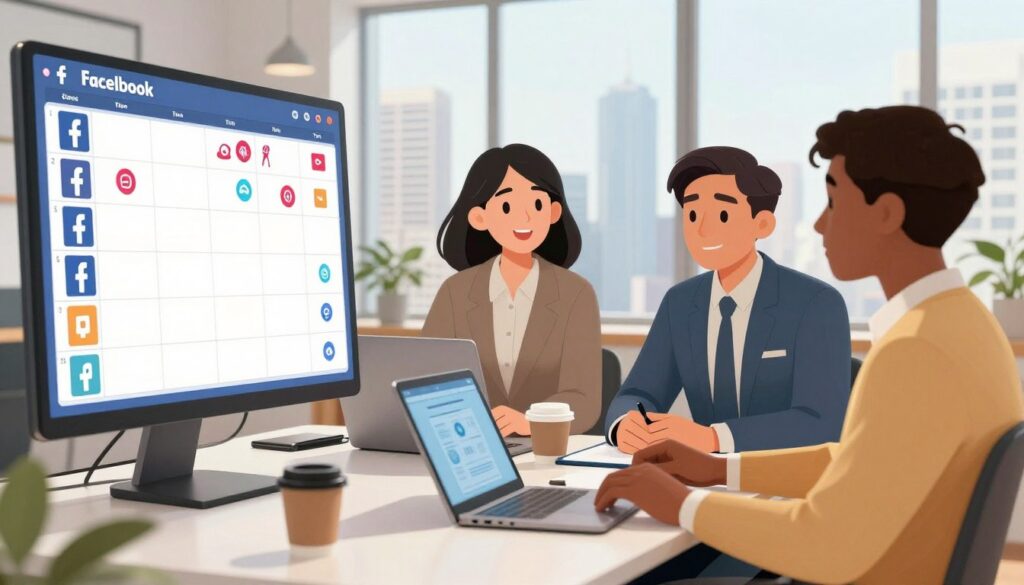 A modern office setting featuring a diverse group of three professionals, two women and one man, engaged in a discussion about optimizing their Facebook posting schedule. The foreground displays a large digital wall planner showcasing various time slots filled with colorful social media icons. The middle ground includes a sleek desk with laptops, tablets, and cups of coffee, symbolizing productivity. The background features a bright window overlooking a city skyline, allowing natural light to illuminate the scene. The atmosphere is collaborative and focused, emphasizing strategy and teamwork. The professionals should be dressed in smart casual attire, conveying an approachable yet professional mood. Use a warm color palette to enhance the inviting ambiance.