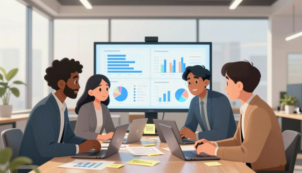 A modern office setting in the foreground, featuring a diverse group of three professionals engaged in a collaborative discussion. They are dressed in professional business attire, leaning over a table cluttered with laptops, charts, and sticky notes that represent customer feedback insights. In the middle ground, a large screen displays visualizations of customer sentiment analysis and key metrics, glowing softly. The background showcases a bright, airy office with large windows letting in natural light, creating a warm and focused atmosphere. Utilize a wide-angle lens to capture the energy of the collaborative environment. The mood is dynamic and engaging, highlighting the importance of leveraging voice of customer research in strategic decision-making.
