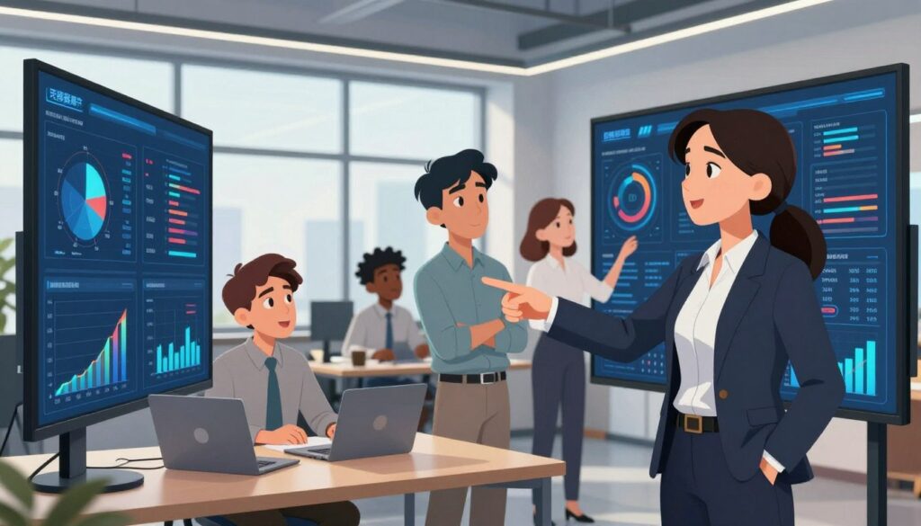 A modern office setting showcasing a diverse group of professionals engaged in collaborative discussions over unique data visualizations on large digital screens. In the foreground, a confident woman in professional attire points towards an interactive data dashboard, emphasizing key insights. The middle ground features colleagues from various ethnic backgrounds analyzing charts and statistics, their expressions reflecting focus and curiosity. The background displays a sleek, well-lit office environment with large windows allowing natural light to illuminate the scene, enhancing the atmosphere of innovation and teamwork. The mood is one of trust, empathy, and expertise, capturing the essence of data-driven decision-making in a professional context.
