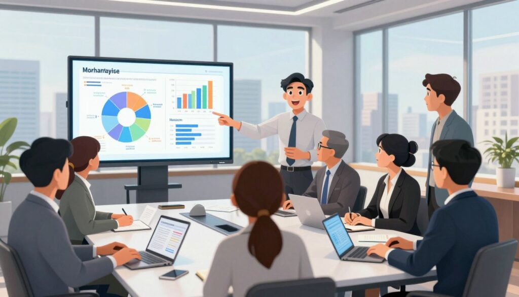 A modern office setting showcasing a professional competitor content analysis. In the foreground, a diverse group of business professionals analyzes colorful charts and graphs displayed on a large screen, dressed in business attire. The middle ground features a sleek conference table covered in laptops, notepads, and documents, hinting at strategic discussions. The background displays a large window with a city skyline view, allowing natural light to flow in, creating an energizing atmosphere. The lighting is bright and focused, creating a sense of optimism and collaboration. The overall mood is focused and attentive, emphasizing detailed examination and teamwork in refining product messaging strategies.