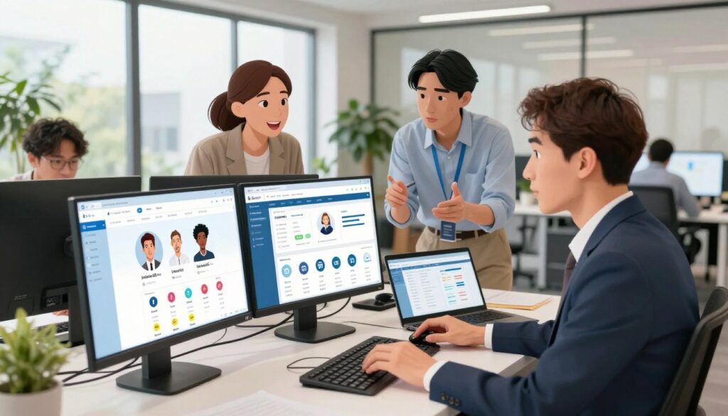 A modern office setting showing a diverse team of professionals managing multiple social media accounts for various clients. In the foreground, a man in smart business attire, focused and engaged, monitors different screens displaying LinkedIn profiles and analytics. The middle ground features two colleagues, a woman and a man discussing strategies, surrounded by digital devices like laptops and tablets, all showcasing social media dashboards. The background reveals a bright, open office environment with large windows letting in natural light, plants for a touch of greenery, and team collaboration areas. The mood is dynamic and productive, reflecting teamwork and digital engagement. Use soft lighting to create an inviting atmosphere, with a slight depth of field focusing on the team.