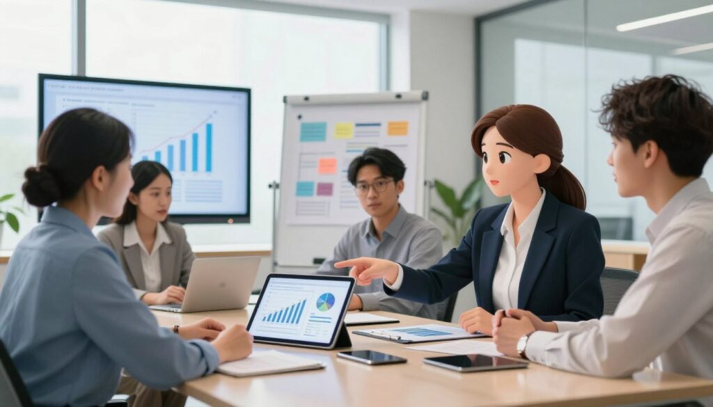 A modern office setting with a diverse group of professionals gathered around a sleek conference table, engaged in a discussion about measuring success and refining their strategy. In the foreground, a confident woman in business attire points to a digital tablet displaying graphs and metrics, showcasing data-driven insights. Two colleagues, a man and a woman, are analyzing charts on a wall-mounted screen, illustrating growth and performance trends. In the middle ground, a whiteboard filled with strategic notes and diagrams can be seen, symbolizing brainstorming and collaboration. The background features large windows with natural light streaming in, creating a bright and optimistic atmosphere. The overall mood is one of focus and determination, highlighting teamwork and innovation in achieving success. The scene is captured with a slight depth of field, emphasizing the professionals in the foreground.