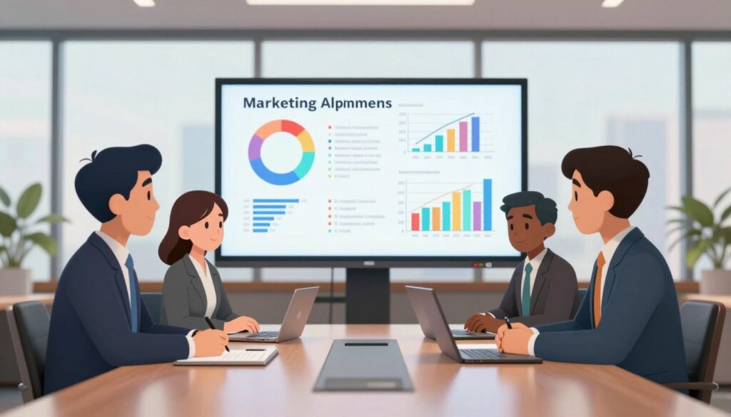 A modern office setting with a long conference table at the foreground, showcasing a diverse group of three professionals in business attire actively discussing and aligning their marketing and sales strategies. In the middle ground, a large digital screen displays colorful charts and graphs illustrating key messaging alignment. The background features large windows allowing soft, natural light to spill into the room, enhancing the collaborative atmosphere. The mood is energetic and focused, with subtle reflections on the polished table surface. A slight depth of field effect emphasizes the engaged professionals while keeping the background context clear, conveying a dynamic and productive environment dedicated to communication and teamwork.