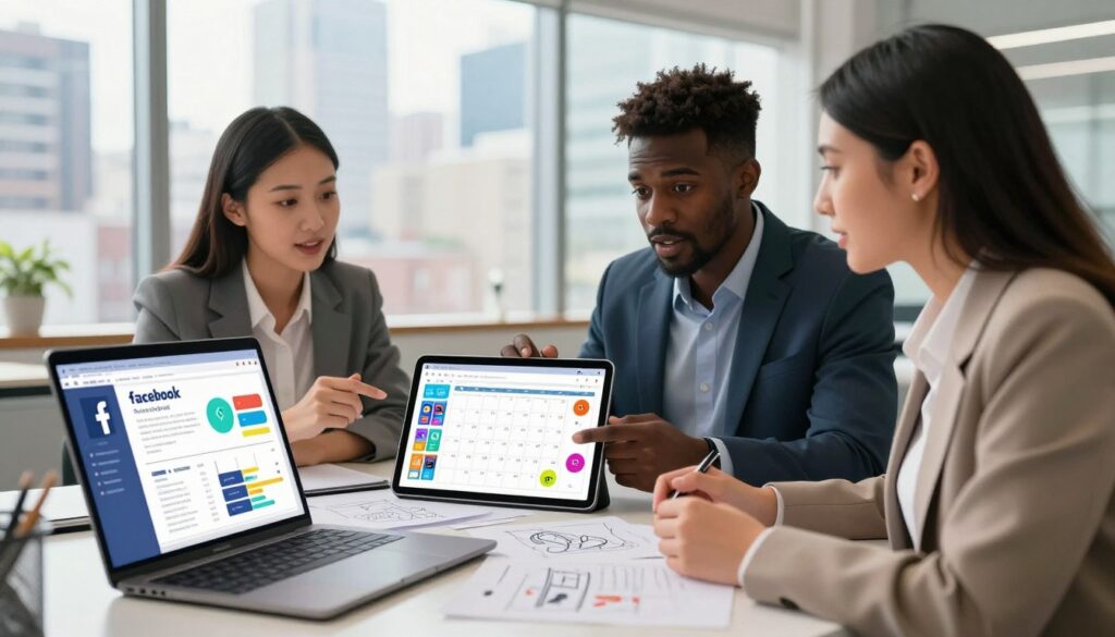 A modern office setup focused on social media strategy, featuring a sleek laptop displaying vibrant Facebook analytics on the screen. In the foreground, a diverse group of three professionals in business attire—one Asian woman, one Black man, and one Hispanic woman—engaged in enthusiastic discussion, analyzing the data together. In the middle, a digital tablet showing a colorful social media calendar and creative content ideas, surrounded by sketches and notes. The background features a large window with cityscape views, gently diffused sunlight streaming in, creating a bright and productive atmosphere. Use a shallow depth of field to emphasize the professionals and their collaboration while blurring the city details. The overall mood is dynamic and focused, representing strategic timing and technical optimization in social media marketing.