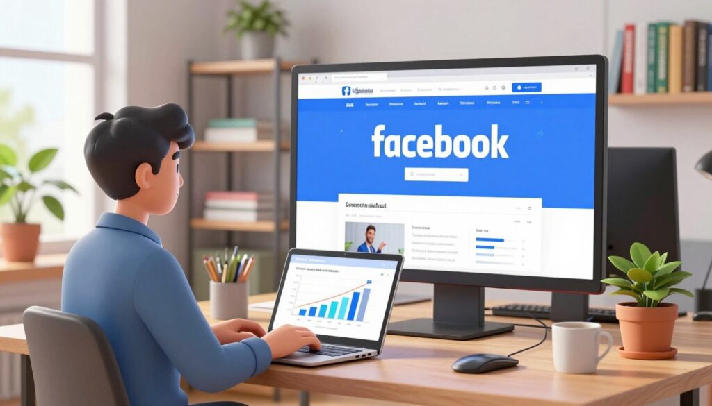 A modern office space with a focus on integrating a website and Facebook page. In the foreground, a confident young professional in smart casual clothing is working on a sleek laptop, analyzing data on a graph that represents social media growth. In the middle, a large, vibrant screen displays the Facebook logo alongside a website interface, visually representing seamless connection. In the background, shelves are lined with books on digital marketing, and a potted plant adds a touch of greenery, enhancing the workspace atmosphere. Soft, natural lighting filters in through a window, creating a productive and motivating environment. The mood is dynamic and forward-looking, capturing the essence of digital integration in a professional setting.