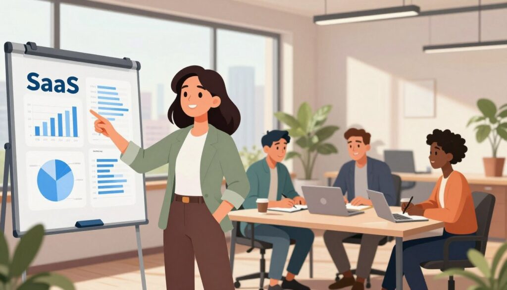A modern office workspace, featuring a diverse group of professionals engaged in discussing SaaS positioning strategies. In the foreground, a confident businesswoman in smart casual attire points at a digital whiteboard, displaying analytics and charts related to SaaS messaging. The middle ground shows two colleagues—one man and one woman—taking notes and brainstorming ideas, surrounded by laptops and coffee cups. In the background, large windows let in natural light, creating a warm atmosphere. Soft reflections of city skyline can be seen outside, while indoor plants add a touch of greenery. The overall mood conveys collaboration, innovation, and strategic thinking, with a focus on clarity and leveraging AI for effective messaging.