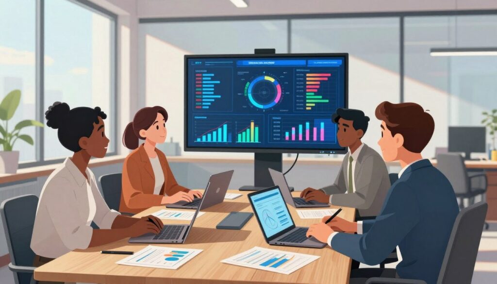 A modern office workspace featuring a diverse group of three professionals, two men and one woman, engaged in a product analysis. The foreground depicts a wooden conference table covered with laptops, graphs, and reports, with the professionals deep in discussion. In the middle, a large digital screen displays visual data analytics and metrics, illuminated with vibrant colors. The background shows floor-to-ceiling windows that let in natural light, casting shadows that create a dynamic atmosphere. The professionals are dressed in business casual attire, exuding focus and collaboration. The overall mood is insightful and progressive, emphasizing teamwork and innovation in product analysis. The angle is slightly elevated, capturing the collaborative energy in focus while maintaining a clean, professional environment.