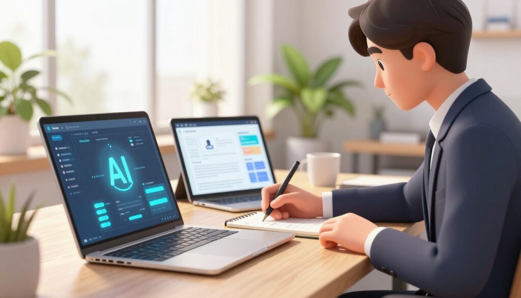 A modern office workspace featuring an individual in professional business attire, deeply engaged in writing on a laptop. In the foreground, the writer is using an AI-driven writing tool, with a user-friendly interface glowing on the screen. The middle ground showcases a digital tablet displaying AI-generated content ideas and a sleek notebook filled with handwritten notes. In the background, large windows let in warm, natural light, creating a bright and motivational atmosphere. Soft focus on green plants adds a touch of calmness, enhancing productivity. The scene is framed from a slight angle to capture both the writer's concentration and the vibrant tech environment, conveying innovation and efficiency in the writing workflow.