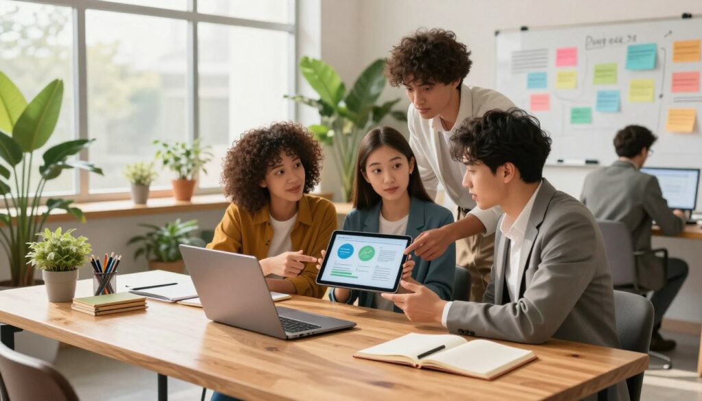 A modern office workspace illustrating a sustainable content workflow. In the foreground, a sleek wooden desk with a laptop, open notebooks, and eco-friendly materials like bamboo planners and reusable pens. In the middle, a diverse group of three professionals—two women in smart casual attire and one man in business attire—collaborating, discussing ideas over a digital tablet with infographics. The background features large windows with natural light streaming in, potted plants for a vibrant, green touch, and a whiteboard filled with colorful brainstorming notes. The mood is focused and collaborative, embodying innovation and productivity. Soft, warm lighting enhances the inviting atmosphere, captured from a slightly elevated angle to provide depth.